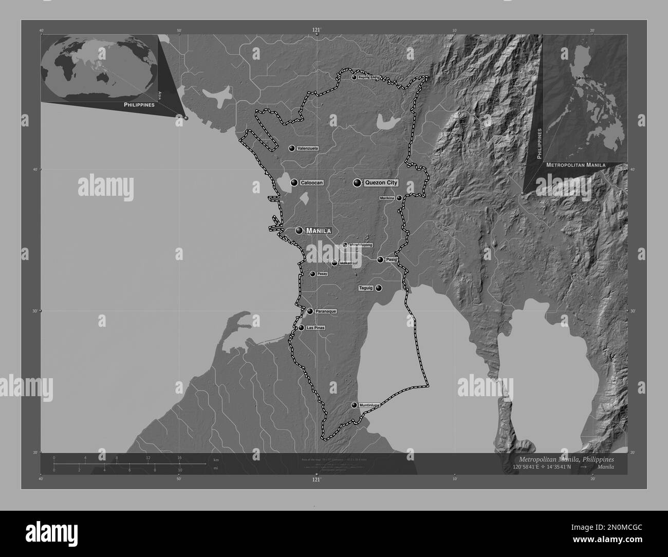 Metropolitan Manille, province des Philippines. Carte d'altitude à deux niveaux avec lacs et rivières. Lieux et noms des principales villes de la région. Coin a Banque D'Images