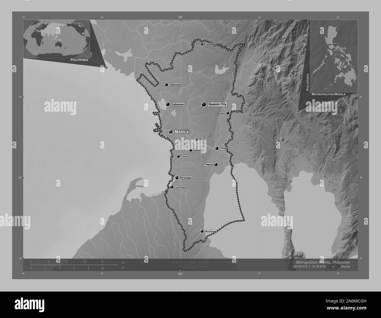 Metropolitan Manille, province des Philippines. Carte d'altitude en niveaux de gris avec lacs et rivières. Lieux et noms des principales villes de la région. Coin Banque D'Images
