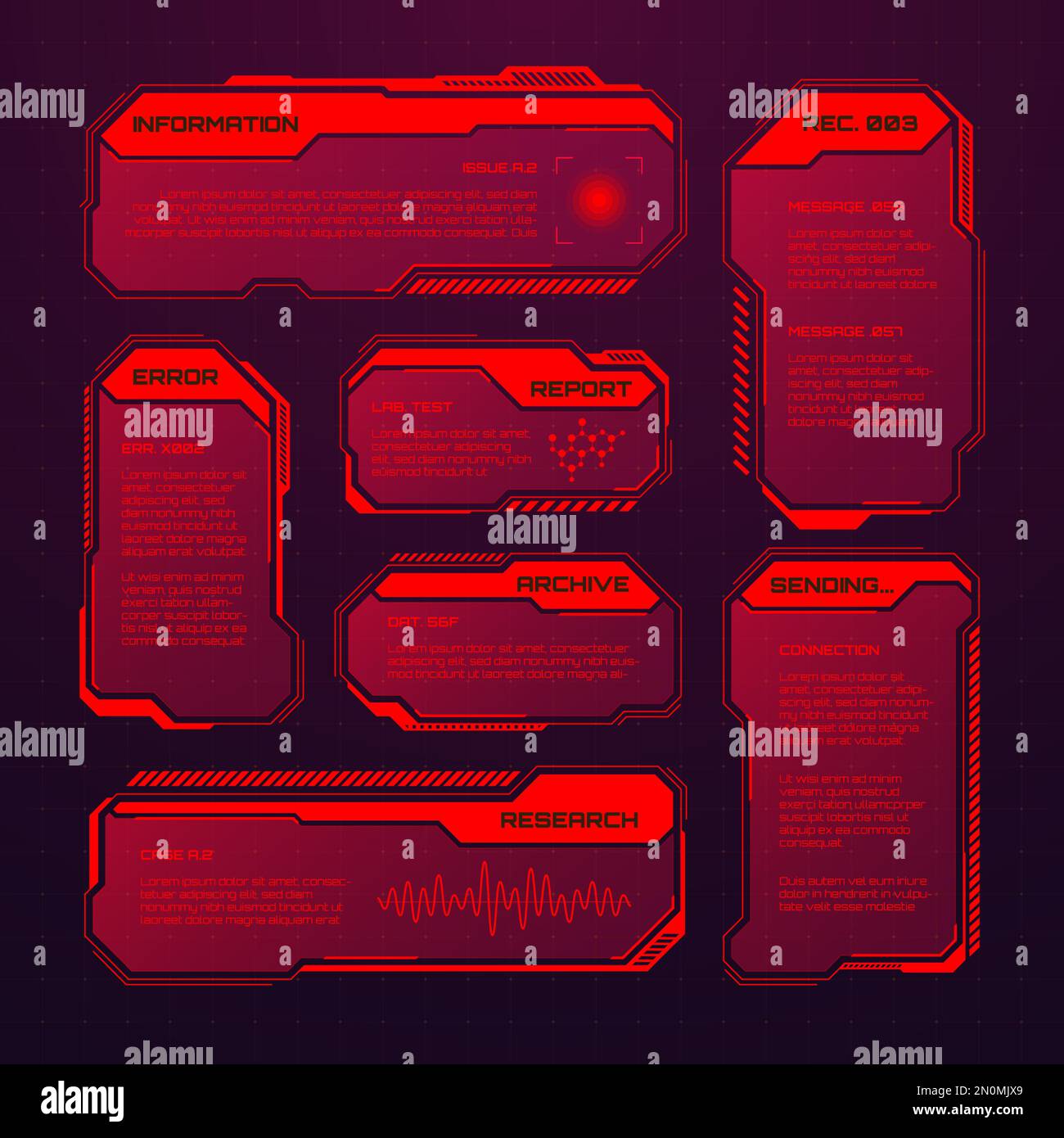 Éléments HUD ou UI futuristes rouges. Zones de texte et légendes de l'interface utilisateur SCI-fi. Cadres de message d'avertissement, modèle de zones d'information. Jeu moderne Illustration de Vecteur