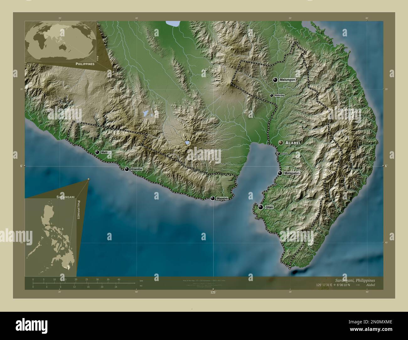 Sarangani, province des Philippines. Carte d'altitude colorée en style
