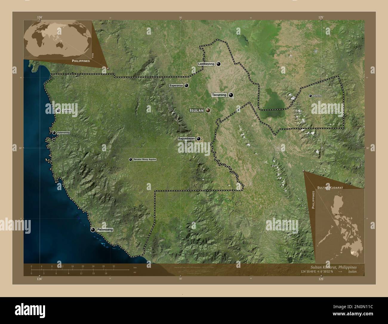 Sultan Kudarat, province des Philippines. Carte satellite basse résolution. Lieux et noms des principales villes de la région. Emplacement auxiliaire d'angle ma Banque D'Images