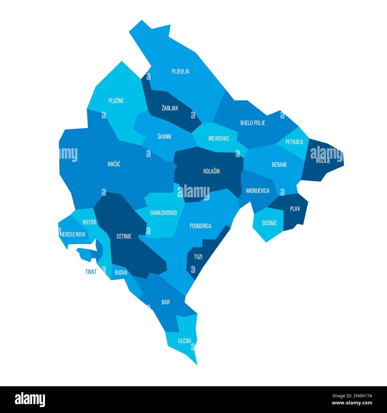 Monténégro carte politique des divisions administratives - municipalités. Carte vectorielle bleue plate avec noms. Illustration de Vecteur