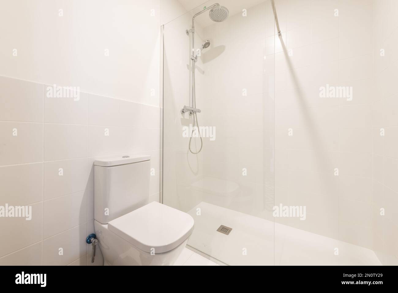Une salle de bains simple avec toilettes en porcelaine et une cabine de douche à parois de verre avec robinets et pomme de douche chromés Banque D'Images
