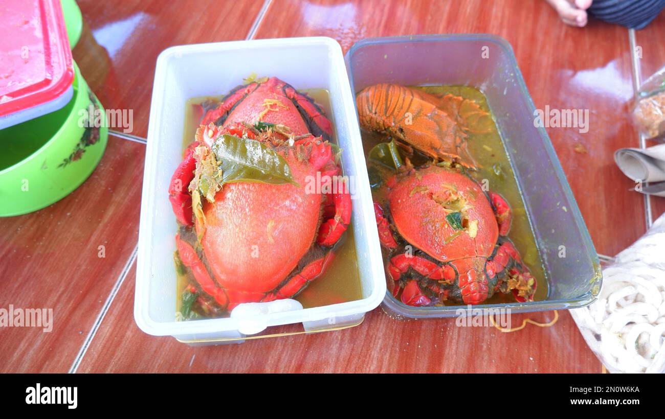 Soupe de crabe clé dans un récipient de pique-nique prêt à manger, délicieux fruits de mer Banque D'Images