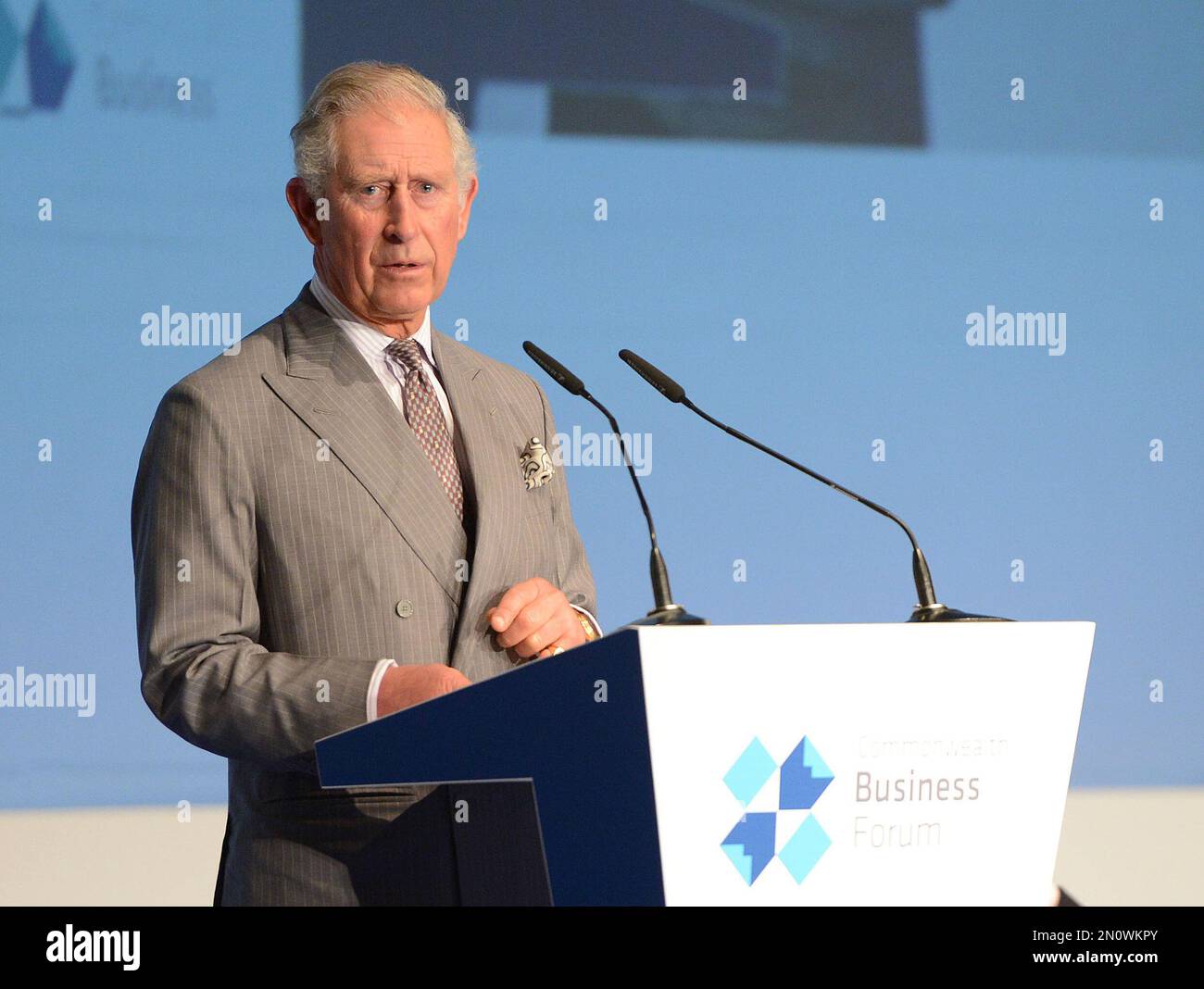 Britain's Price Charles addresses the business forum, at the Commonwealth Heads of Government Meeting, in St. Julians, Malta, Thursday, Nov. 26, 2015. On Friday, Queen Elizabeth II will open the Commonwealth Heads of Government Meeting, a biennial summit of leaders from Britain and - mostly - its former colonies. (AP Photo/ Rene Rossignaud) Banque D'Images