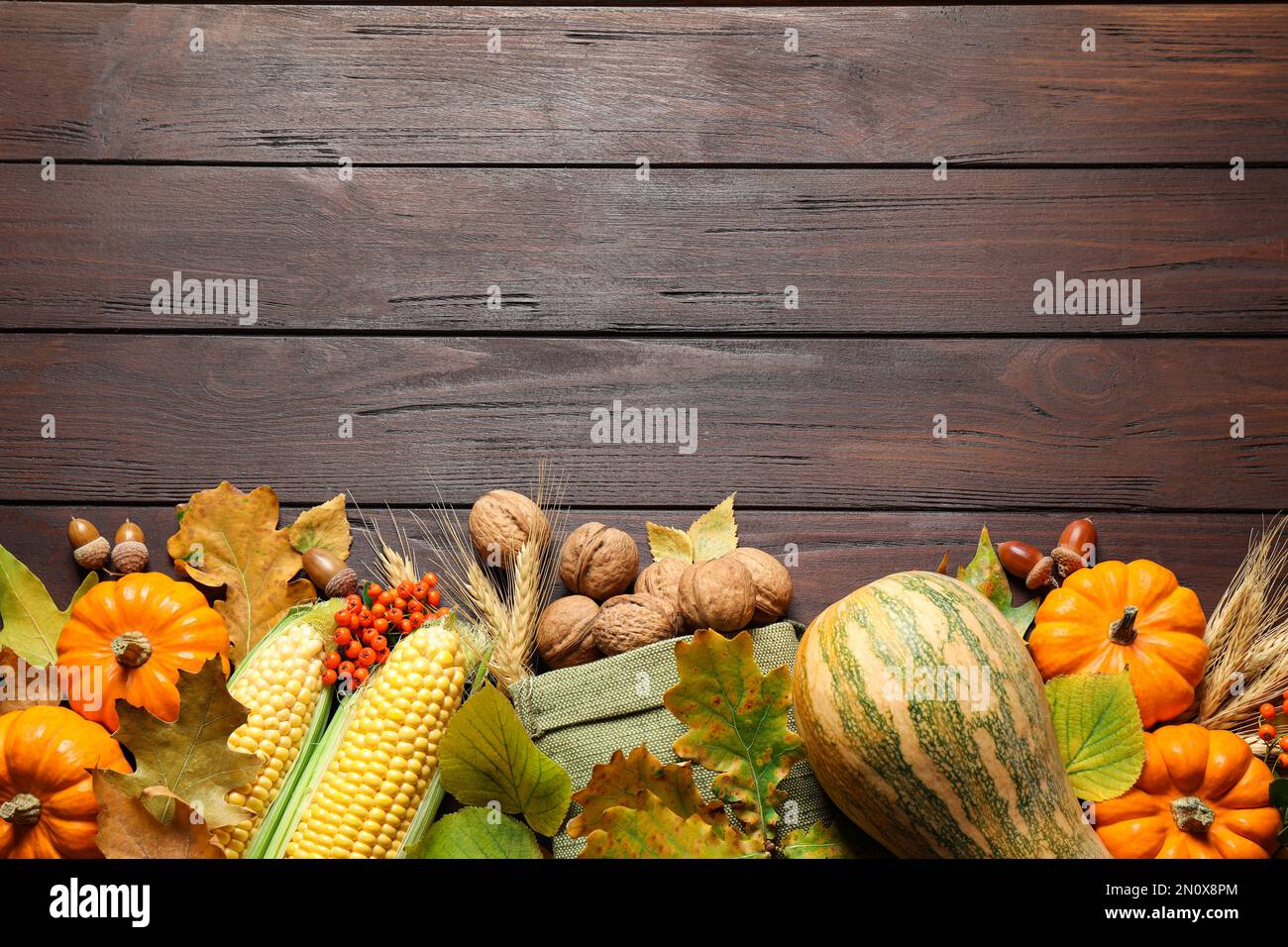 Composition de la pose plate avec légumes, noix et feuilles d'automne sur table en bois, espace pour le texte. Jour de Thanksgiving Banque D'Images