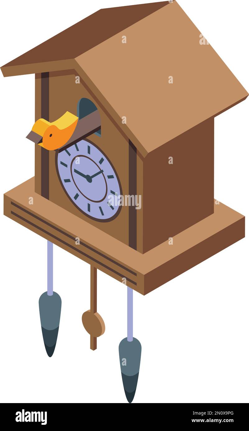 Panneau en bois pendule icône vecteur isométrique. Horloge de coucou. Heure en bois Illustration de Vecteur