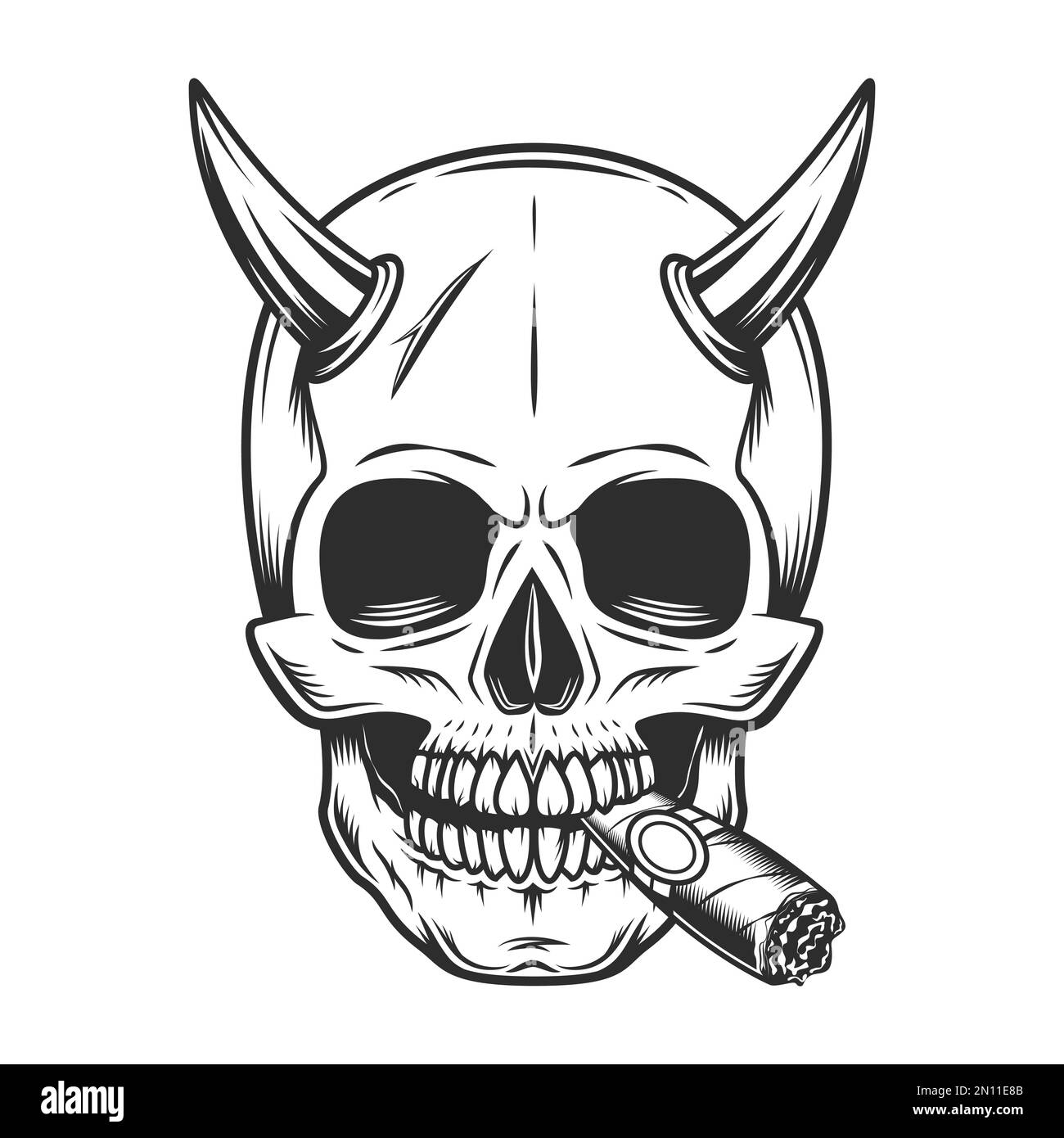 Crâne avec cornes fumant de la fumée de cigare ou de cigarette dans l'illustration vectorielle de style monochrome vintage Illustration de Vecteur