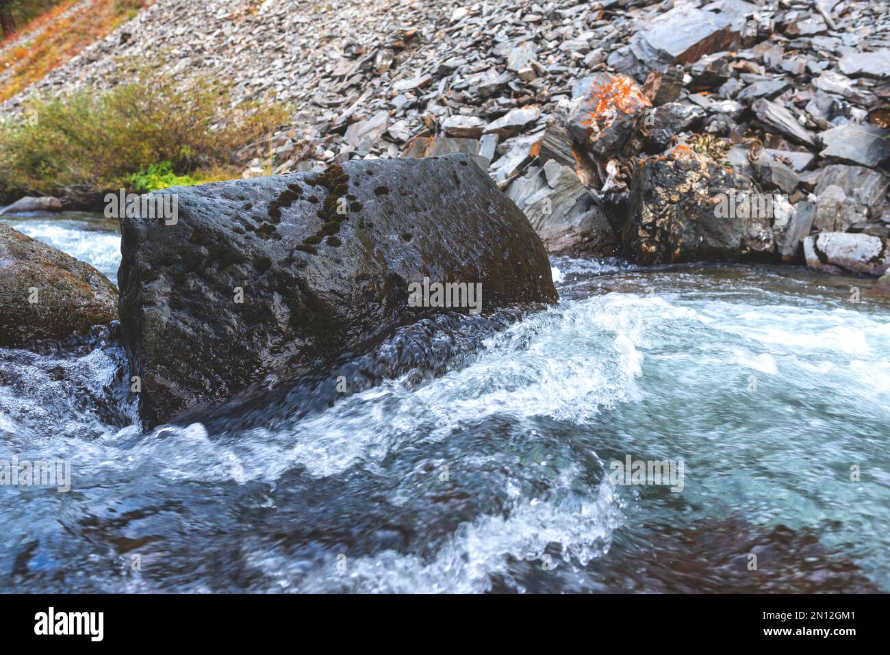 Le cours d'un ruisseau de montagne clair parmi les pierres des rochers de l'Altaï dans l'après-midi en automne. Banque D'Images