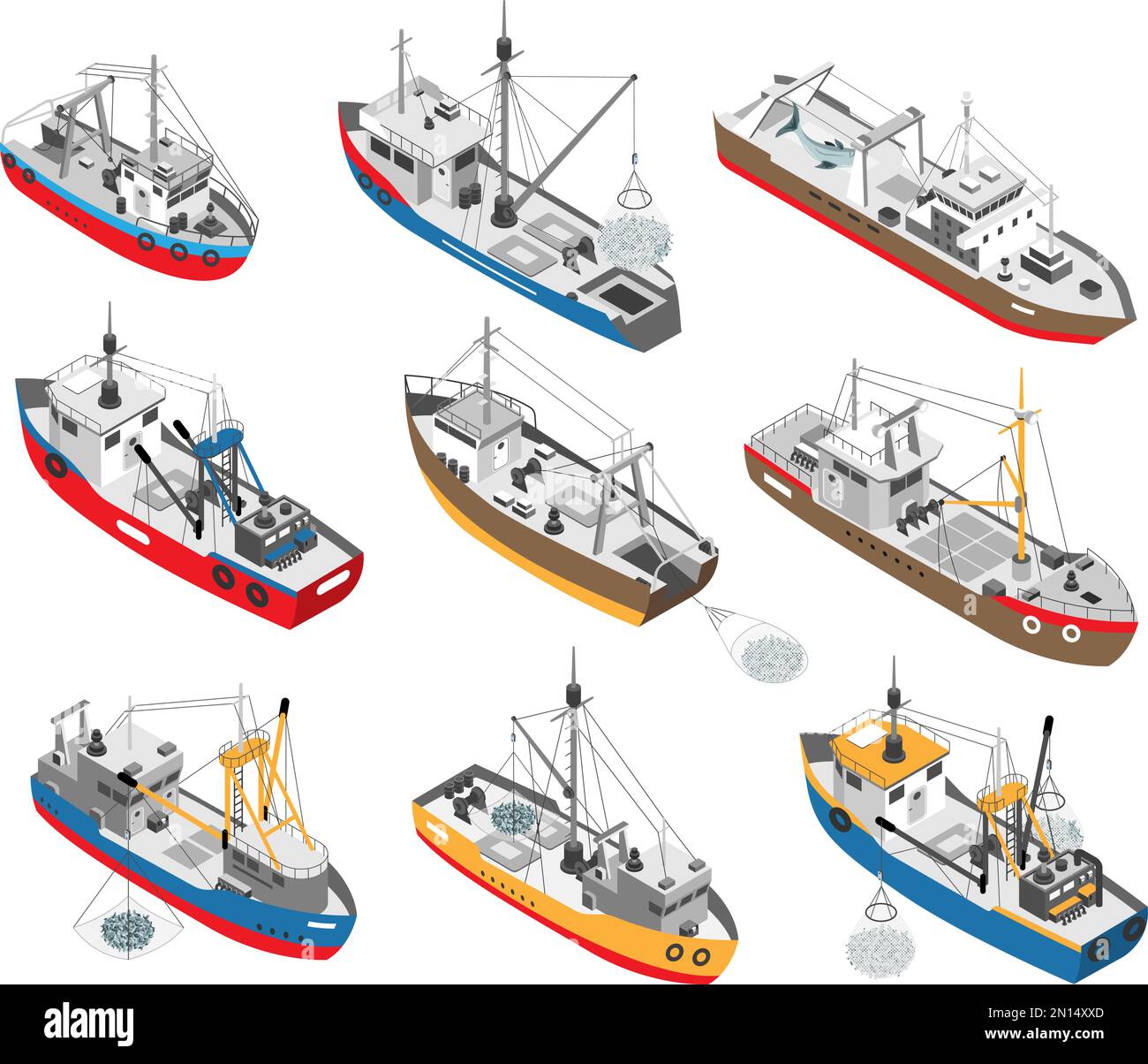 Ensemble isométrique de différents bateaux de pêche commerciale colorés avec filets illustration vectorielle isolée Illustration de Vecteur