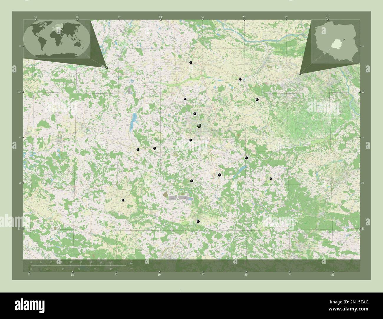 Lodzkie, voïvodeship|province de Pologne. Ouvrez la carte des rues. Lieux des principales villes de la région. Cartes d'emplacement auxiliaire d'angle Banque D'Images
