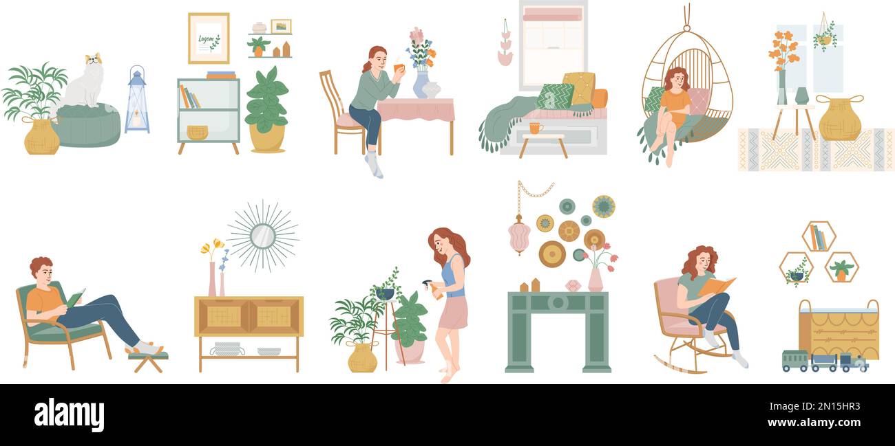 Lagom Life jeu plat d'icônes isolées avec des images colorées de la maison décorations plantes et personnes illustration vectorielle Illustration de Vecteur