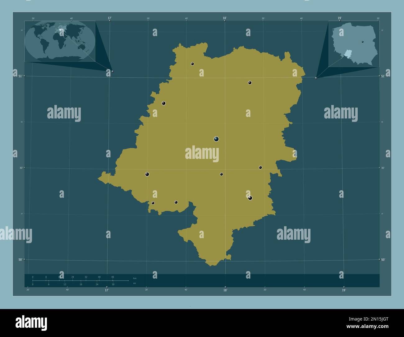 Opolskie, voïvodie|province de Pologne. Forme de couleur unie. Lieux des principales villes de la région. Cartes d'emplacement auxiliaire d'angle Banque D'Images