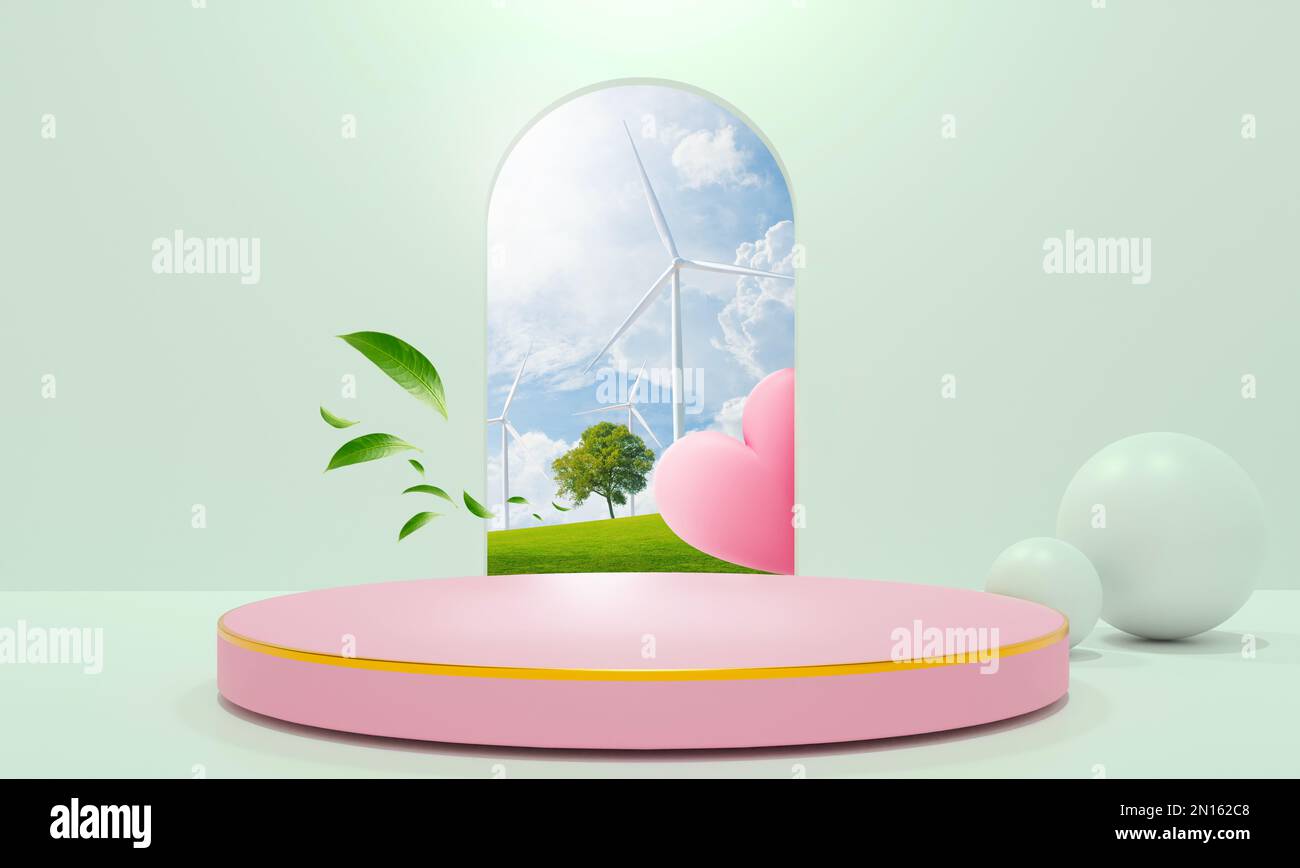 podium rose dans une salle d'exposition verte vide pour la présentation des produits et éolienne sur le terrain vert derrière la porte.3d rendu. Banque D'Images
