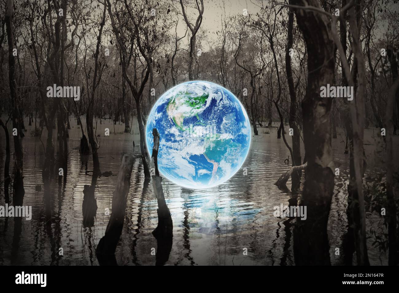 Le globe flotte dans les marais, la dégradation des forêts, le réchauffement de la planète et la pollution. Banque D'Images