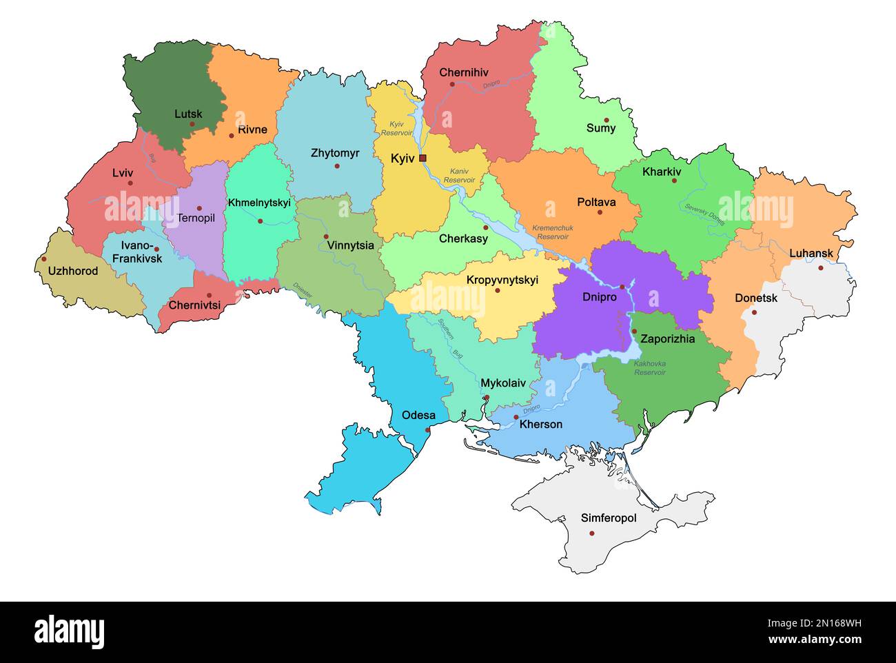 Carte politique de l'Ukraine sur fond blanc, illustration Banque D'Images