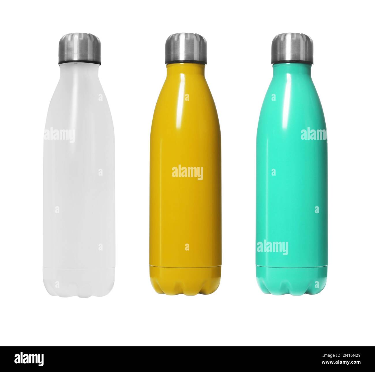 Jeu de flacons thermos modernes de différentes couleurs sur fond blanc Banque D'Images