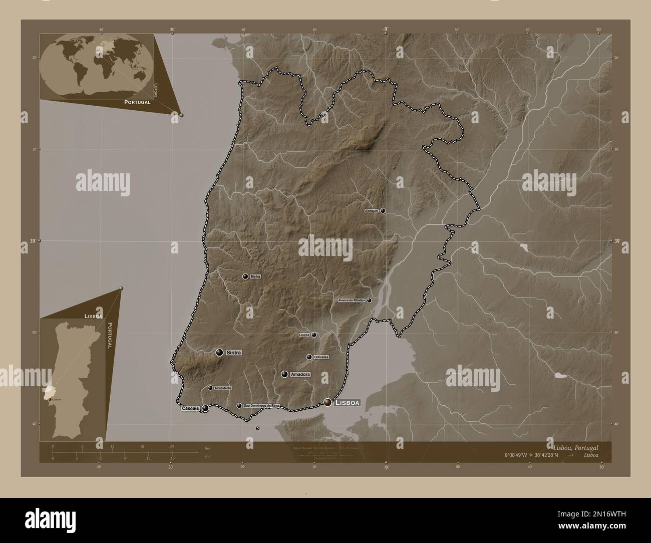 Lisboa, quartier du Portugal. Carte d'altitude colorée en tons sépia avec lacs et rivières. Lieux et noms des principales villes de la région. Angle au Banque D'Images