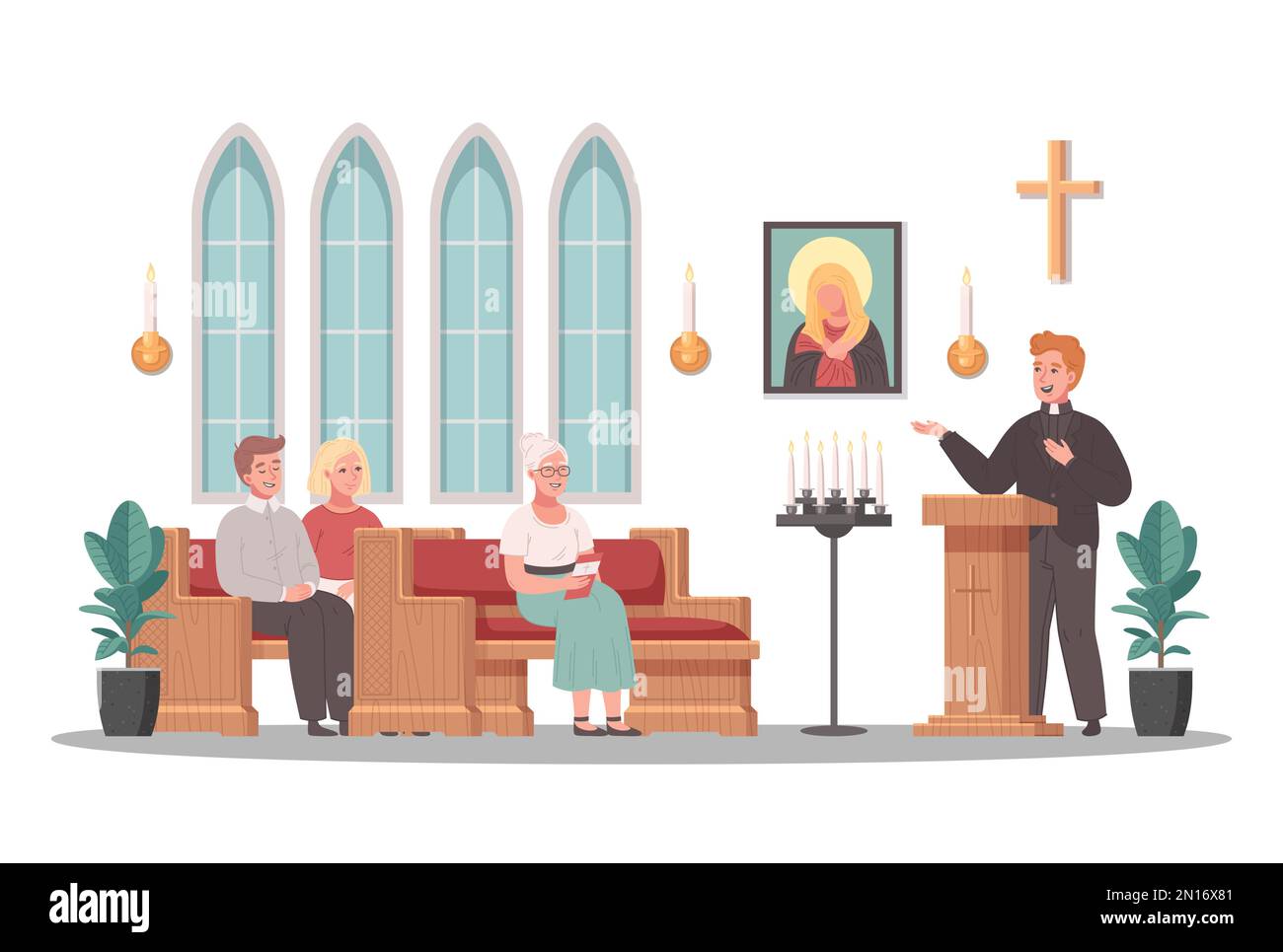 Scène de dessin animé d'église chrétienne avec prêtre servant sur l'illustration de vecteur de service de masse Illustration de Vecteur