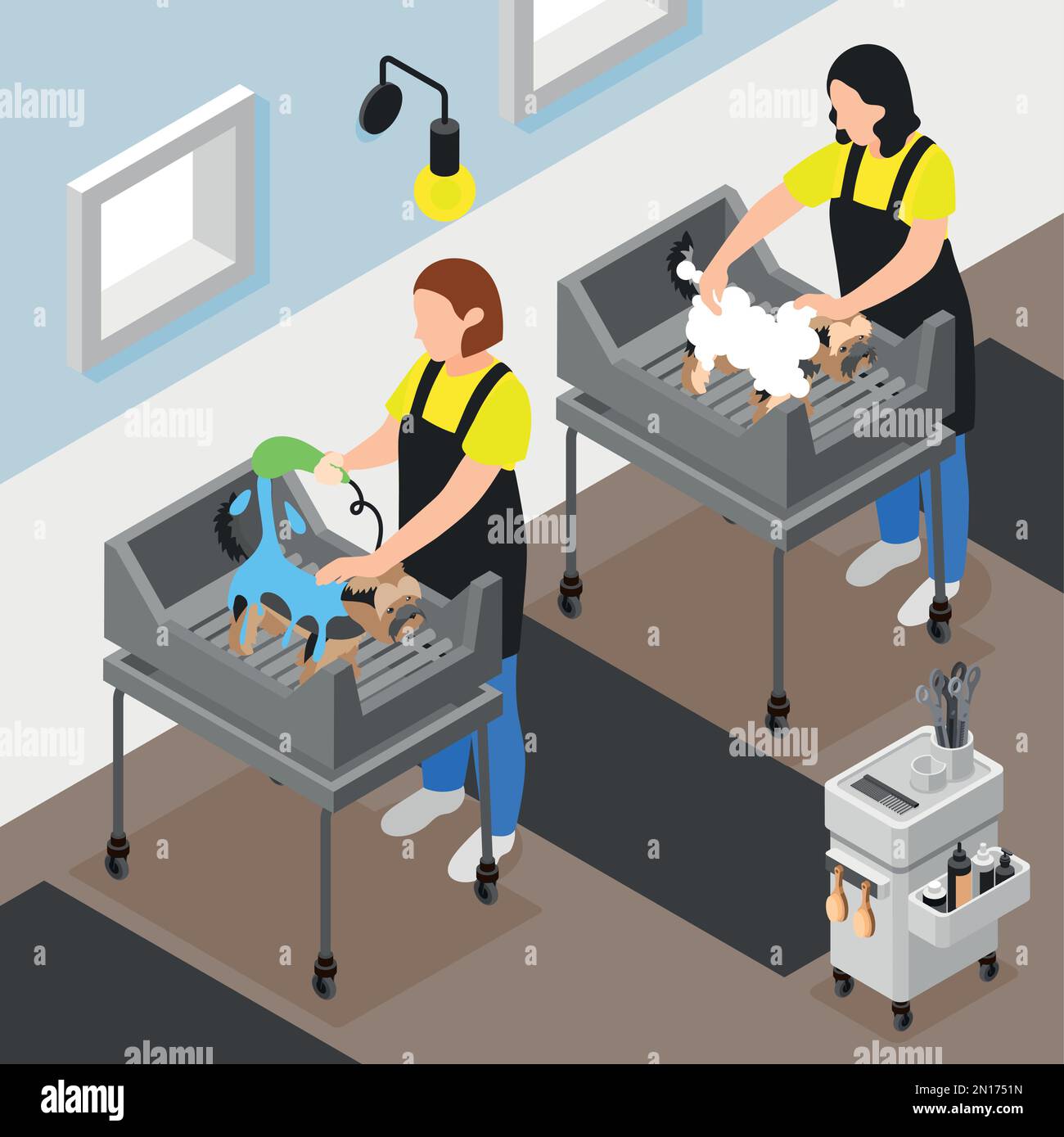 Arrière-plan isométrique de salon de toilettage avec composition de la vue intérieure avec des personnages féminins de travailleurs lavant des chiens illustration vectorielle Illustration de Vecteur