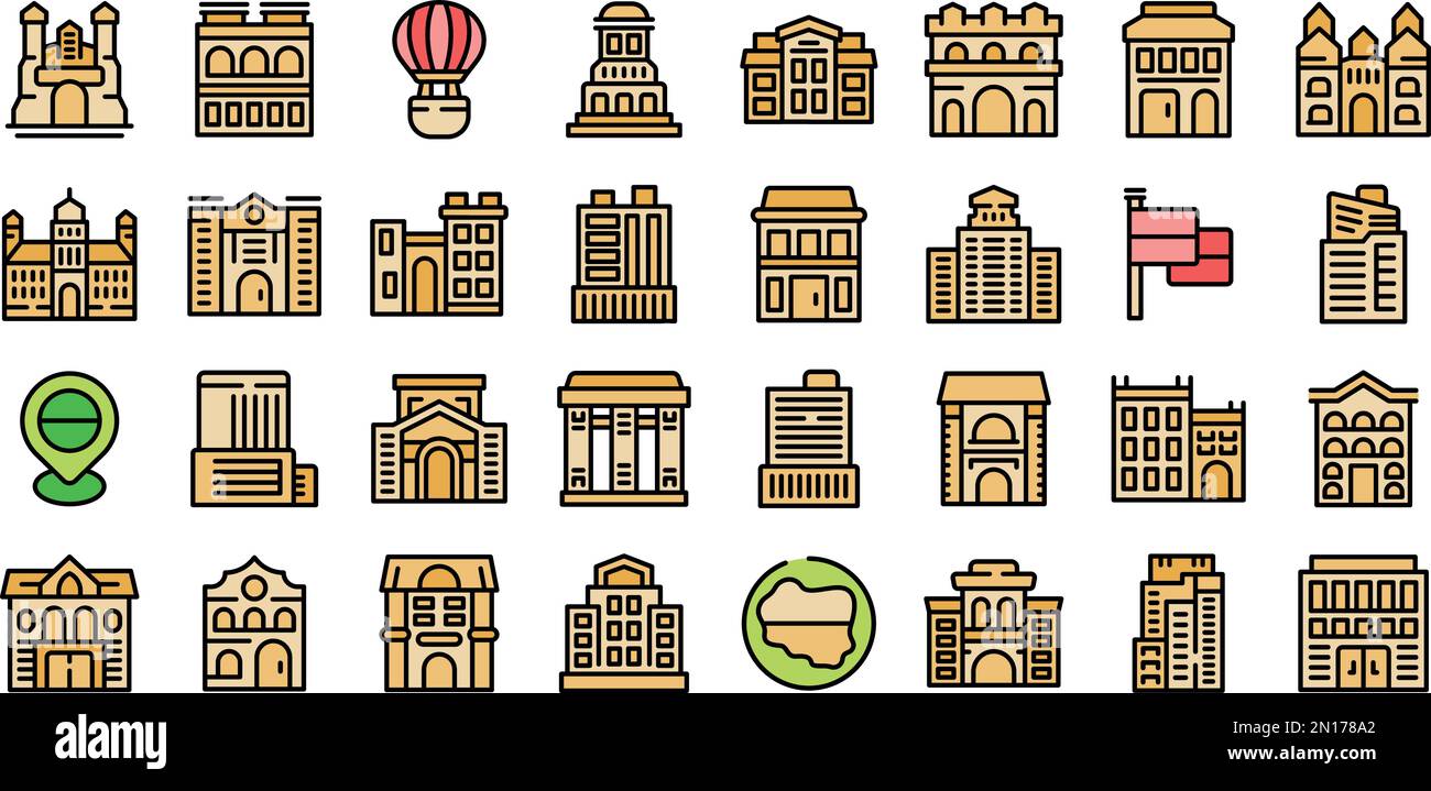 Les icônes de Varsovie définissent le vecteur de contour. Ville d'Europe. Ligne de couleur de bâtiment de capital sur blanc isolé Illustration de Vecteur