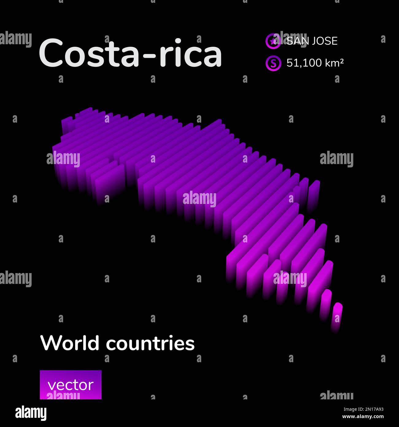 Carte Costa-rica 3D. La carte vectorielle isométrique à rayures numériques stylisée néon simple est en violet sur fond noir Illustration de Vecteur