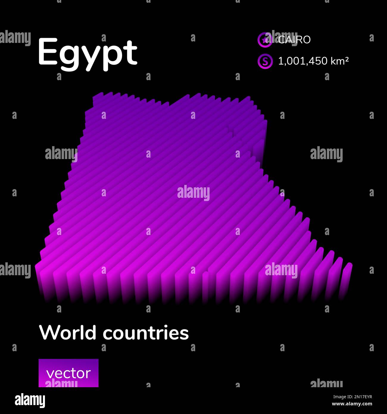 Égypte 3D carte. Vecteur isométrique au néon stylisé rayé la carte de l