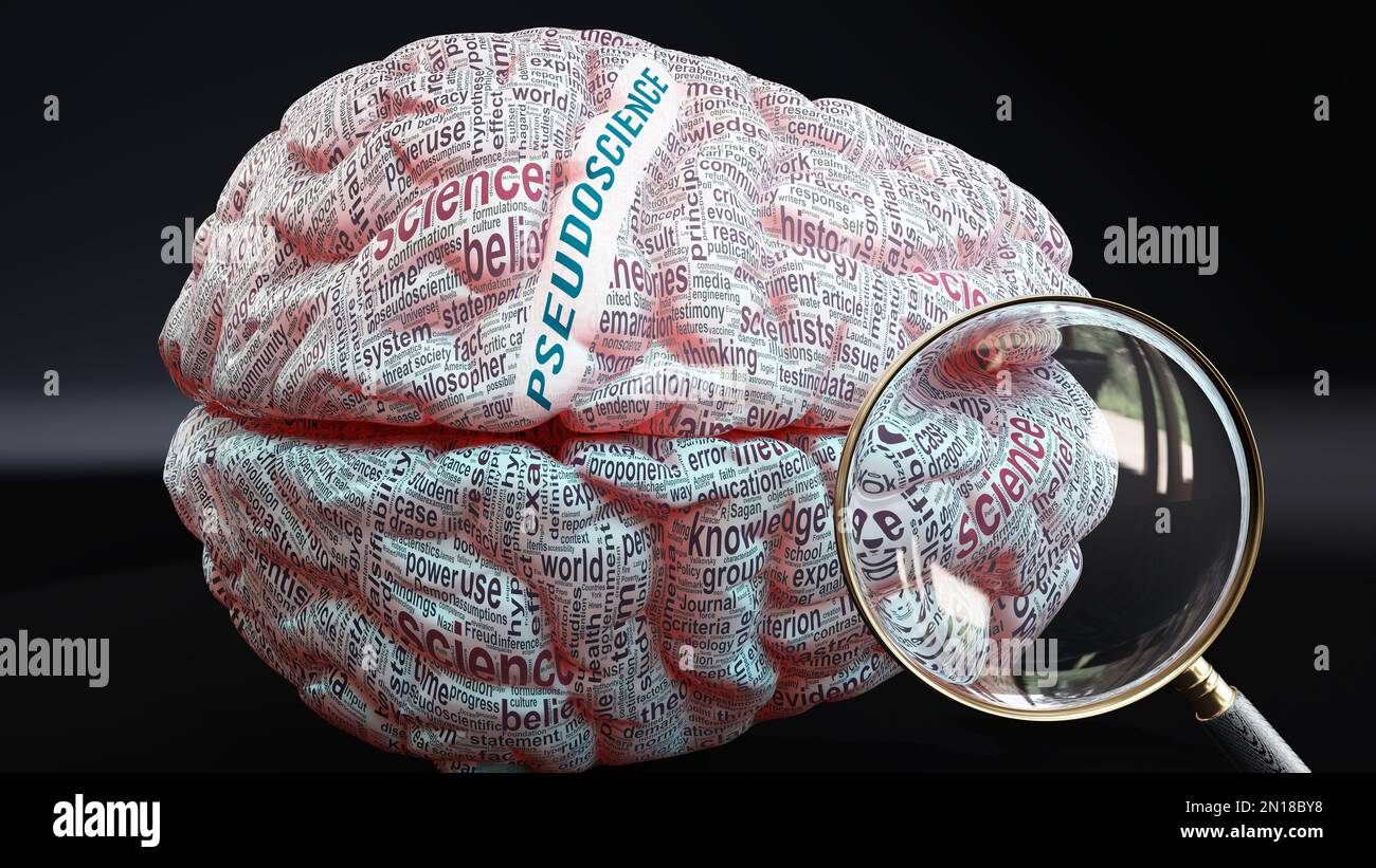 Pseudoscience et esprit humain - des centaines de concepts cruciaux liés à la pseudoscience projetés sur un cortex pour en démontrer pleinement l'étendue Banque D'Images