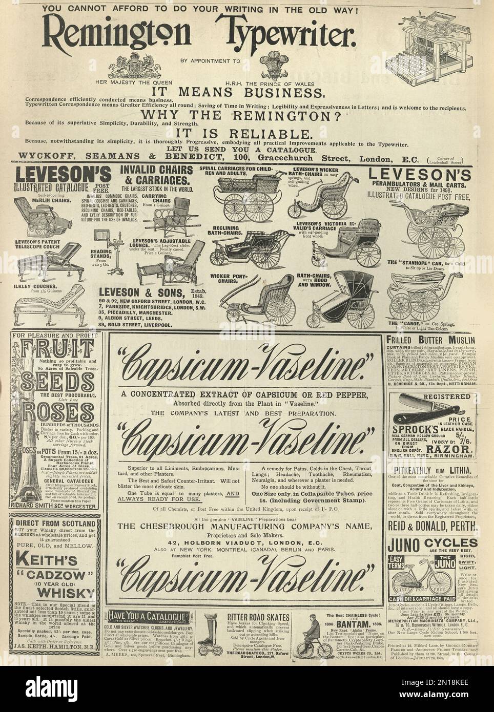 Page des annonces de journaux victoriens, machine à écrire Remington, chaises et voitures invalides, Vaseline, 1890s, 19th siècle Banque D'Images