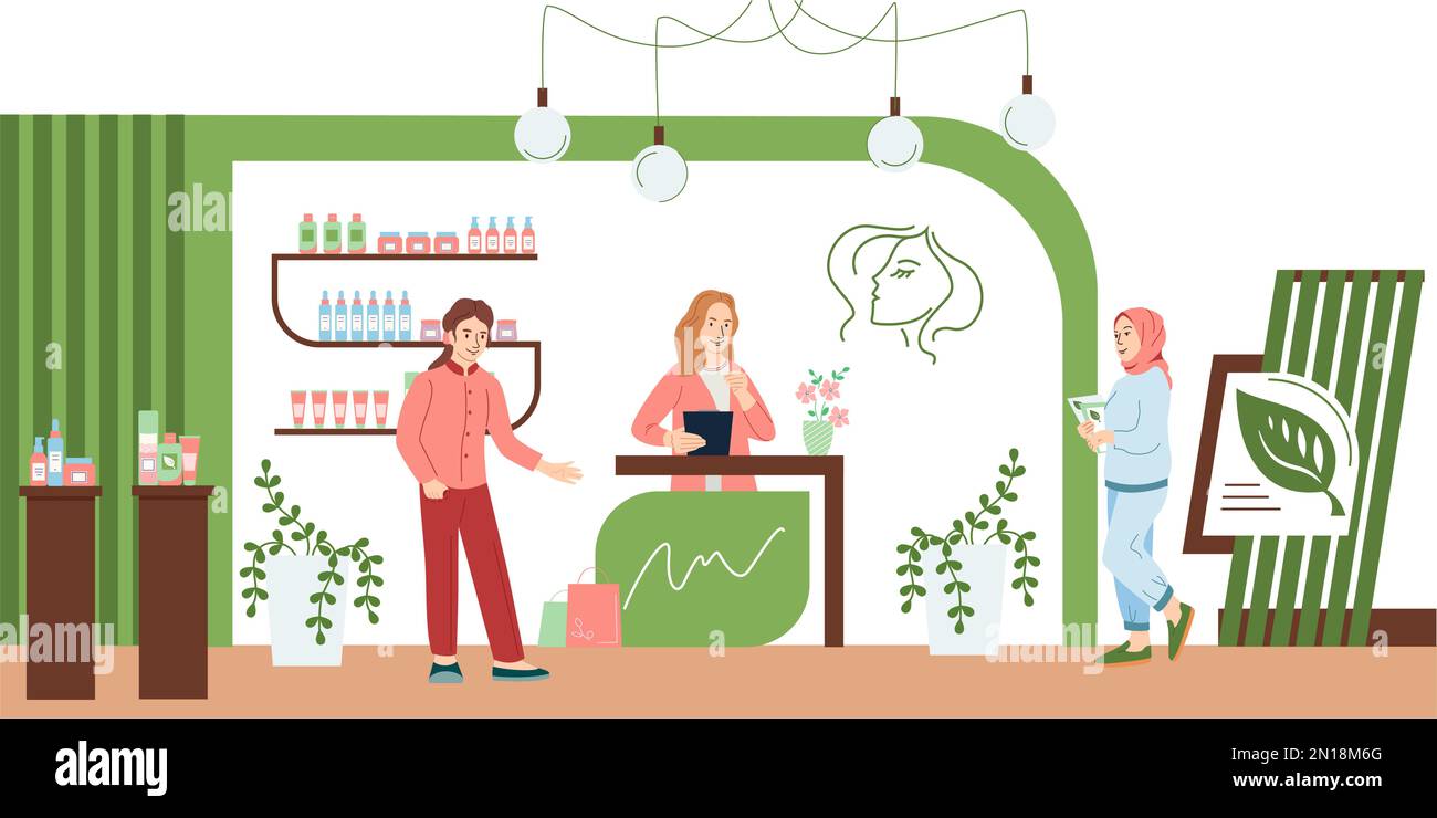 Exposition avec des visiteurs composition plate avec vue de face de produits cosmétiques écologiques stand avec des personnages humains illustration vectorielle Illustration de Vecteur