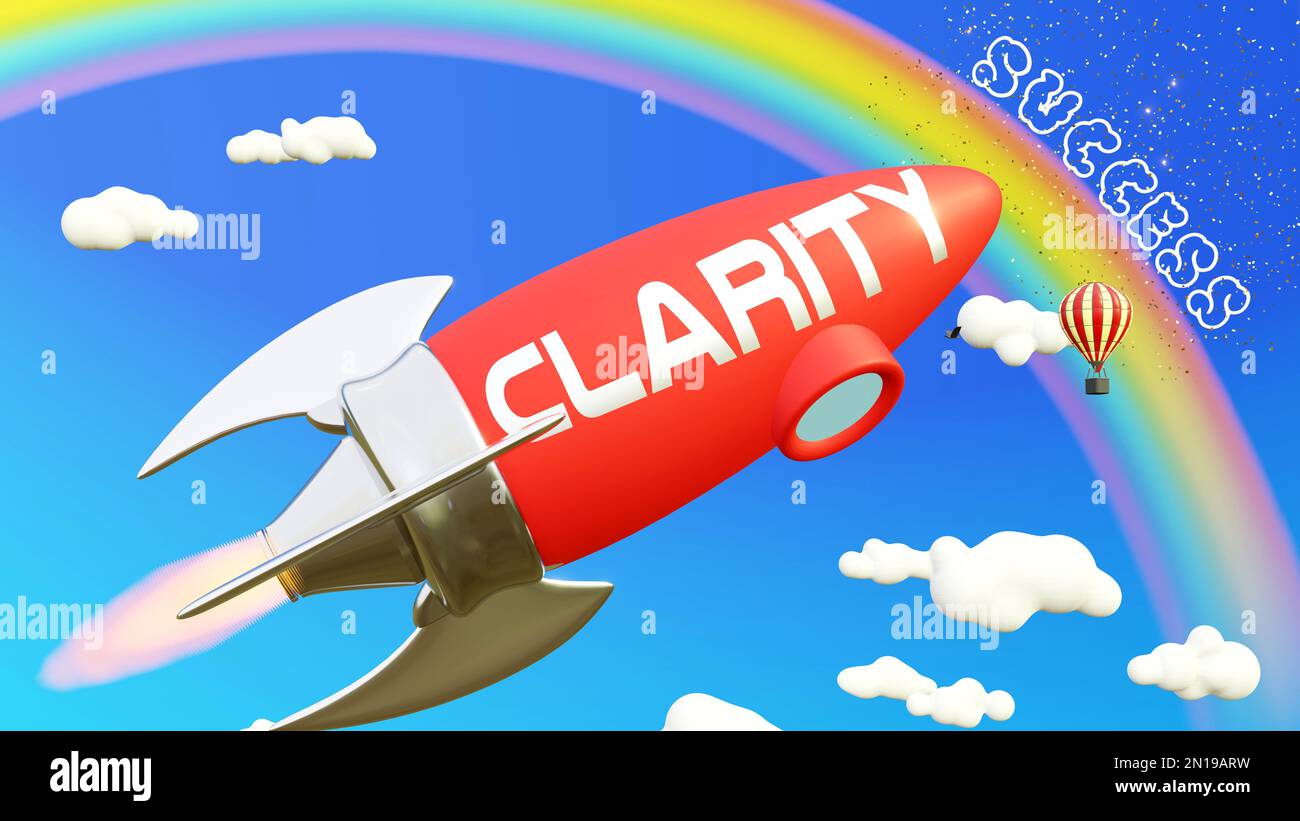 La clarté mène à la réussite dans l'entreprise et la vie. Bande dessinée fusée étiquetée avec la clarté du texte, volant haut dans le ciel bleu pour atteindre l'arc-en-ciel, re Banque D'Images