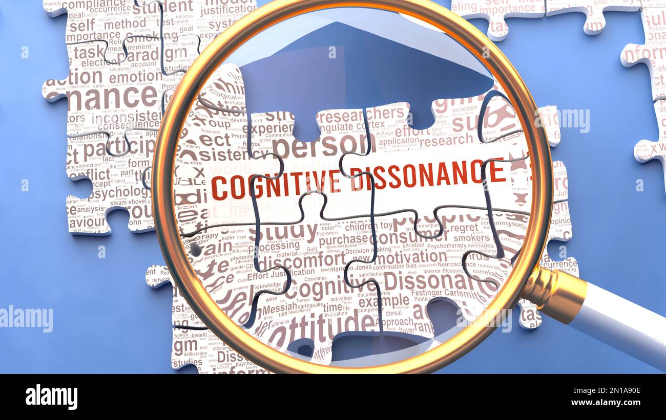 La dissonance cognitive étant examinée de près, ainsi que de multiples concepts et idées vitaux directement liés à la dissonance cognitive. Beaucoup de parties d'un puz Banque D'Images