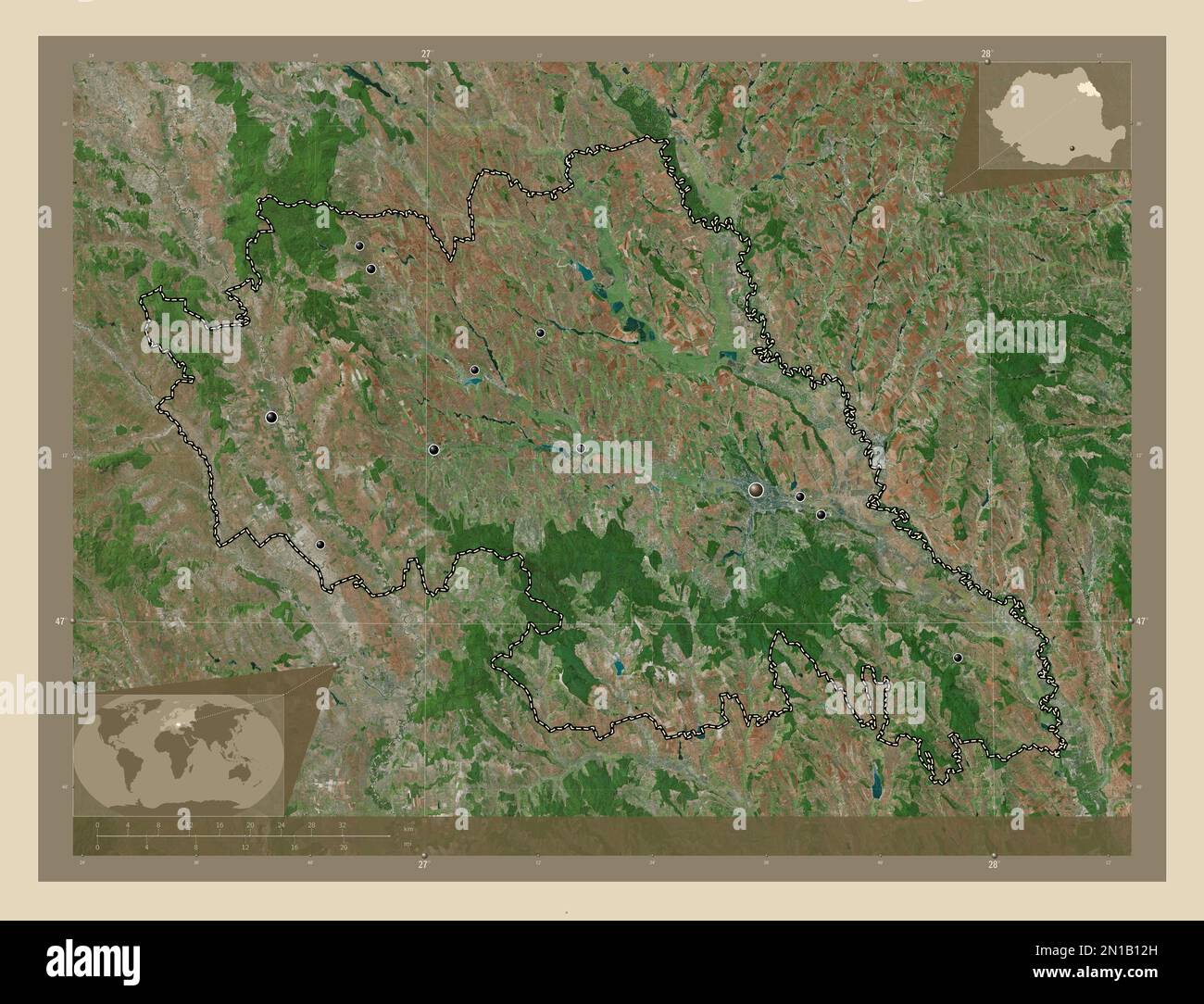 Iasi, comté de Roumanie. Carte satellite haute résolution. Lieux des principales villes de la région. Cartes d'emplacement auxiliaire d'angle Banque D'Images