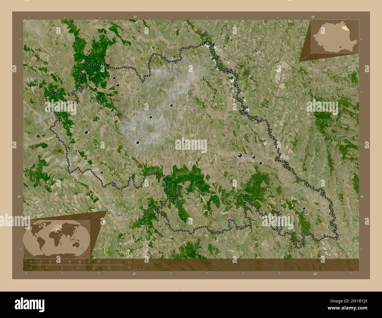 Iasi, comté de Roumanie. Carte satellite basse résolution. Lieux des principales villes de la région. Cartes d'emplacement auxiliaire d'angle Banque D'Images