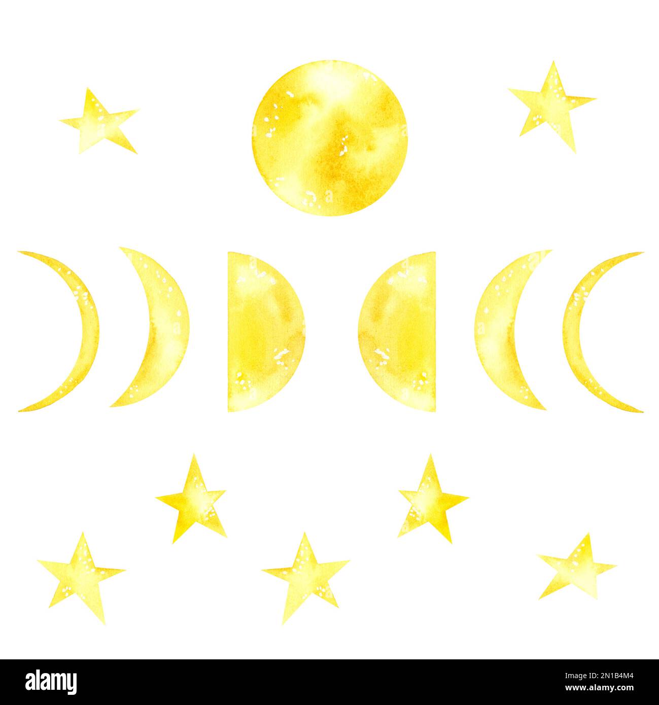 Ensemble d'illustrations aquarelles avec phases de la lune jaune, étoiles sur fond blanc. Il convient pour la conception de l'impression, cartes postales, cartes, Banque D'Images