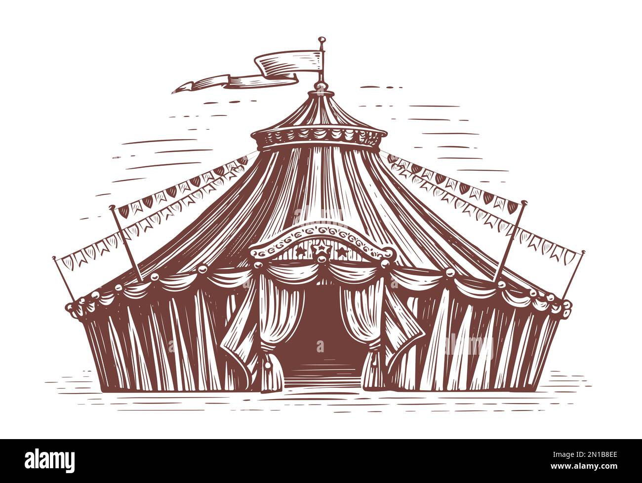 Tente de cirque rétro à rayures. Festival de vacances, foire. Illustration d'un croquis vintage dessiné à la main Banque D'Images