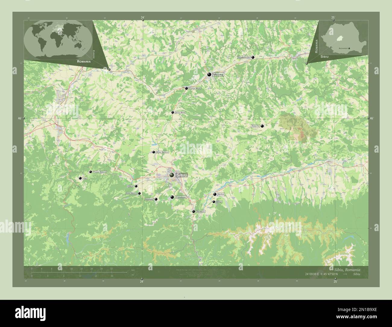 Sibiu, comté de Roumanie. Ouvrez la carte des rues. Lieux et noms des principales villes de la région. Cartes d'emplacement auxiliaire d'angle Banque D'Images