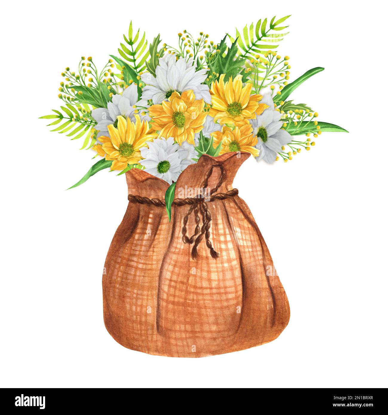 Bouquet de fleurs d'aquarelle dessinées à la main de chrysanthème blanc et jaune dans un sac en toile de jute. Une petite partie de l'ensemble de grandes FLEURS Banque D'Images