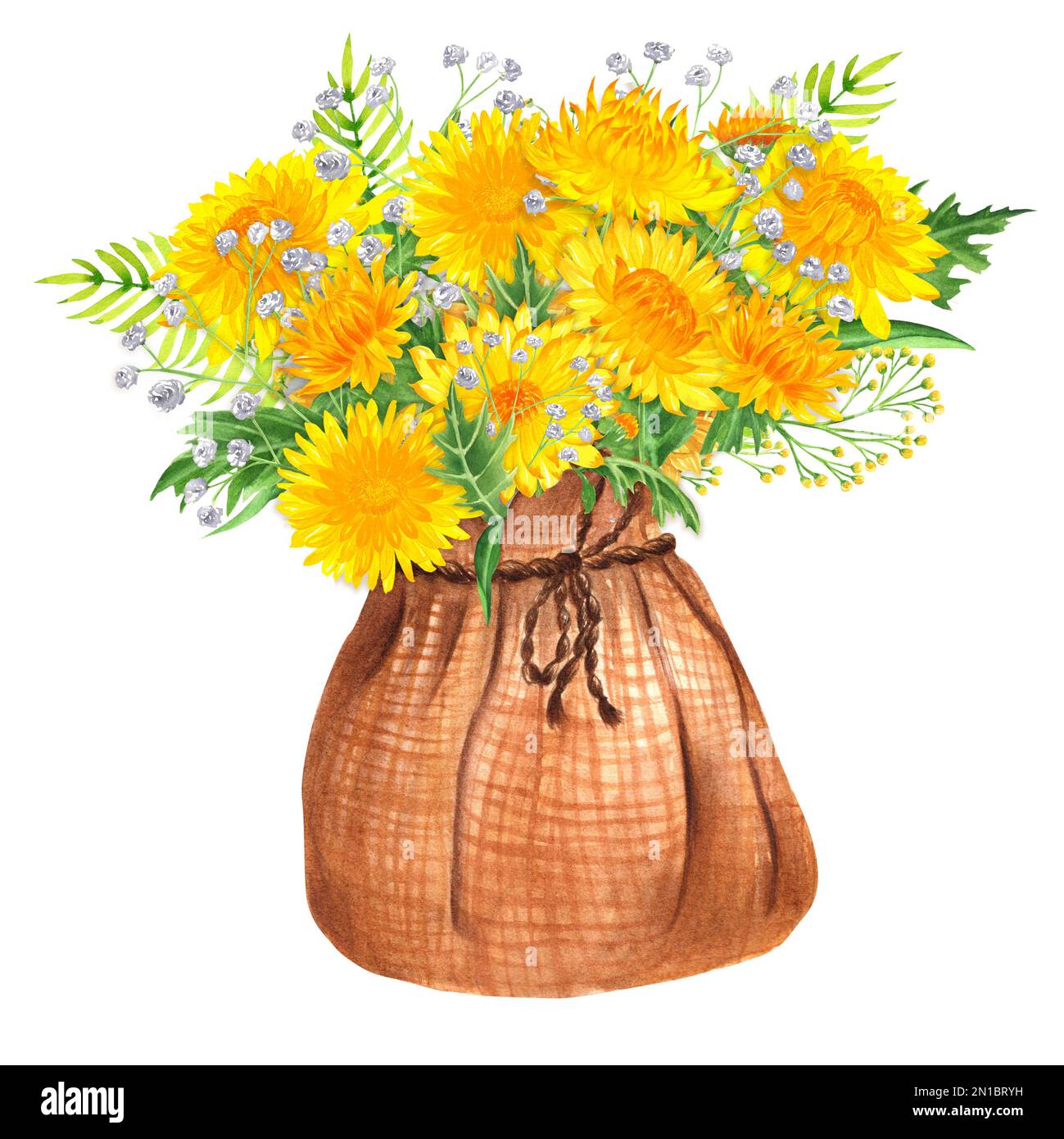 Bouquet de fleurs aquarelles dessinées à la main de chrysanthème jaune et autres fleurs dans un sac en toile de jute. Une petite partie de l'ensemble de grandes FLEURS Banque D'Images
