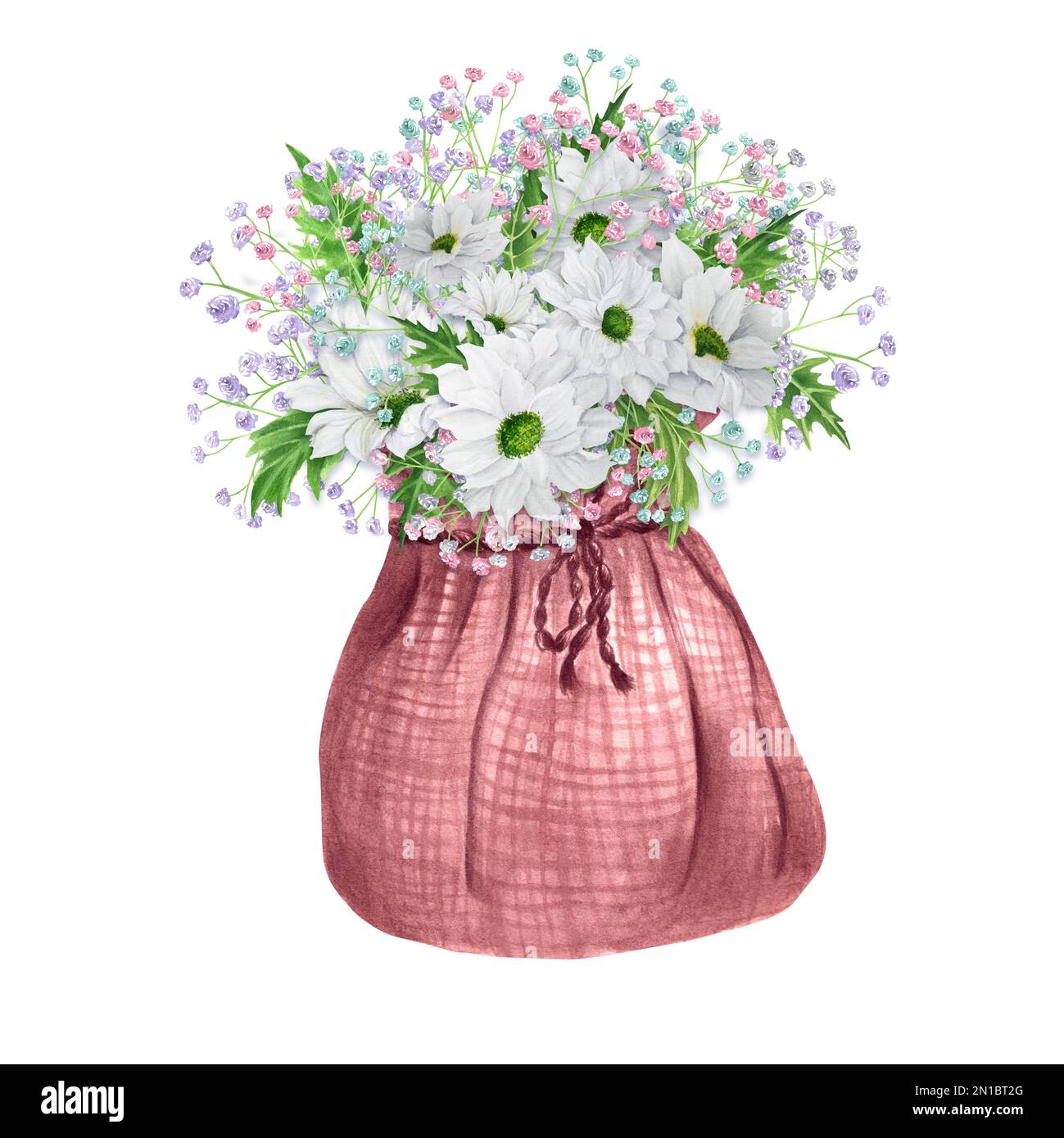 Bouquet de fleurs aquarelles dessinées à la main de chrysanthème blanc et autres fleurs dans un sac de toile de jute rose. Une petite partie de l'ensemble de grandes FLEURS Banque D'Images