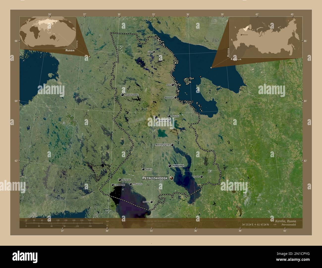 Carélie, république de Russie. Carte satellite basse résolution. Lieux