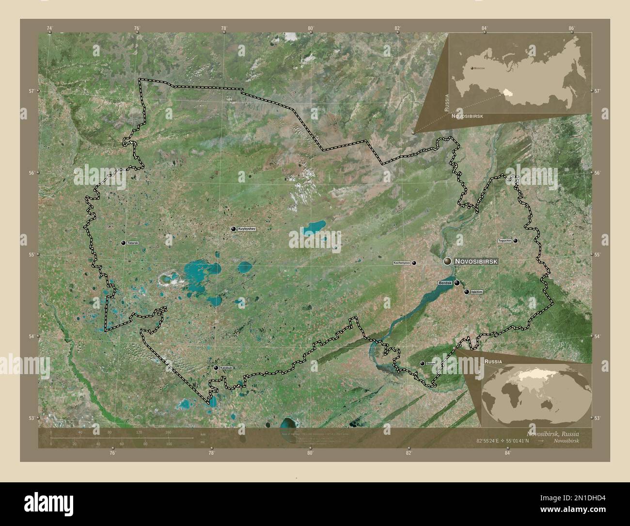 Novosibirsk, région de Russie. Carte satellite haute résolution. Lieux et noms des principales villes de la région. Cartes d'emplacement auxiliaire d'angle Banque D'Images