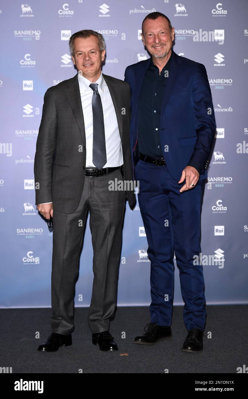 Sanremo, Sanremo, Festival de la chanson italienne de 73rd. Photocall Rai Publicité. Sur la photo : Amadeus avec Stefano Goberti d'Eni plénitude Banque D'Images