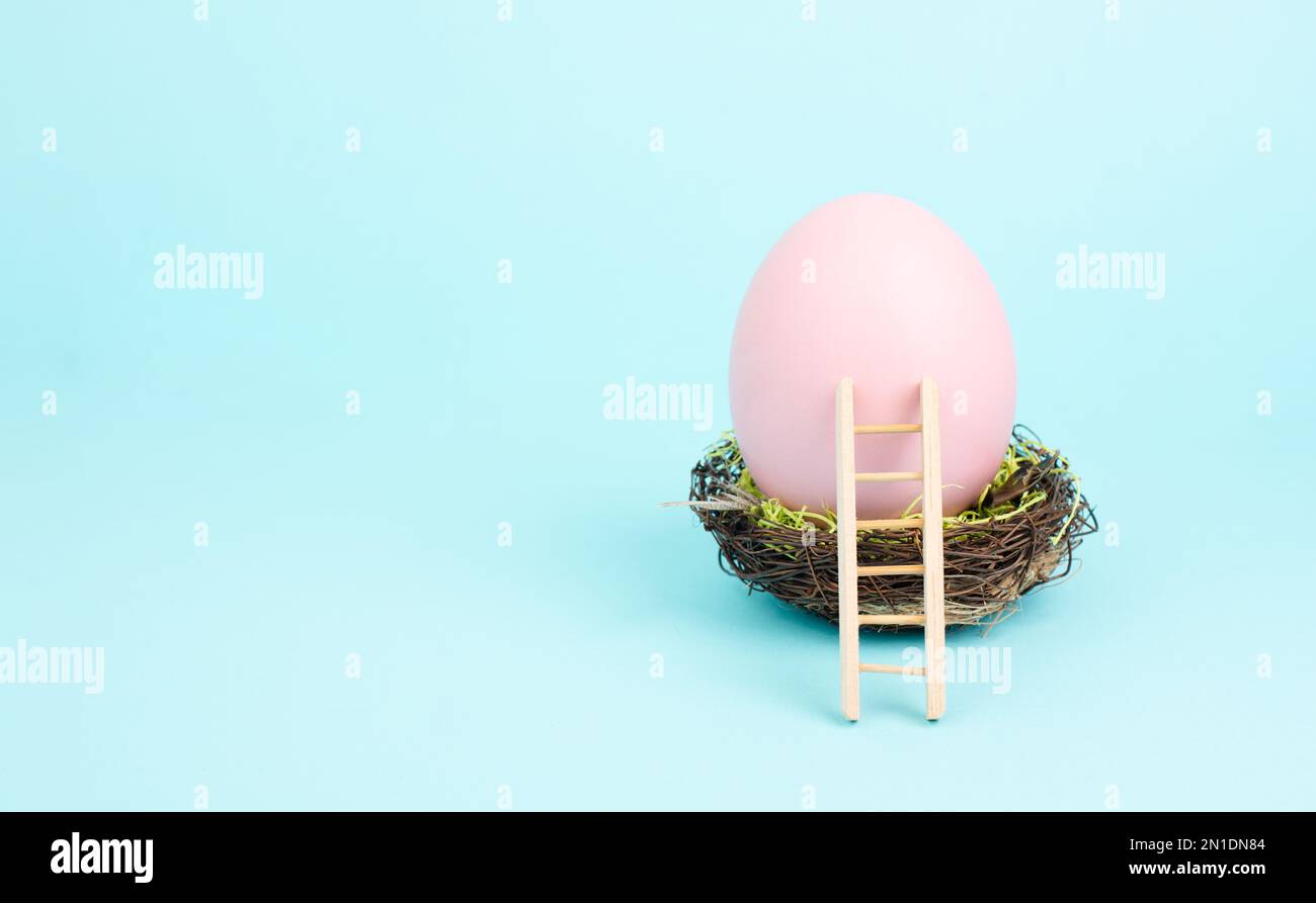 Énorme oeuf de pâques rose dans un nid d'oiseaux et une échelle en bois, carte de vœux de vacances de printemps Banque D'Images