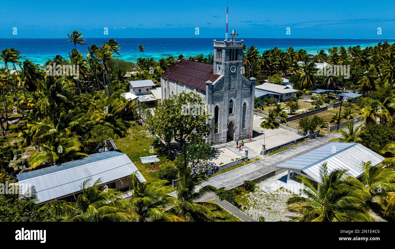 Antenne de la vieille église de Saint Michel, Hikueru, archipel de Tuamotu, Polynésie française, Pacifique Sud, Pacifique Banque D'Images