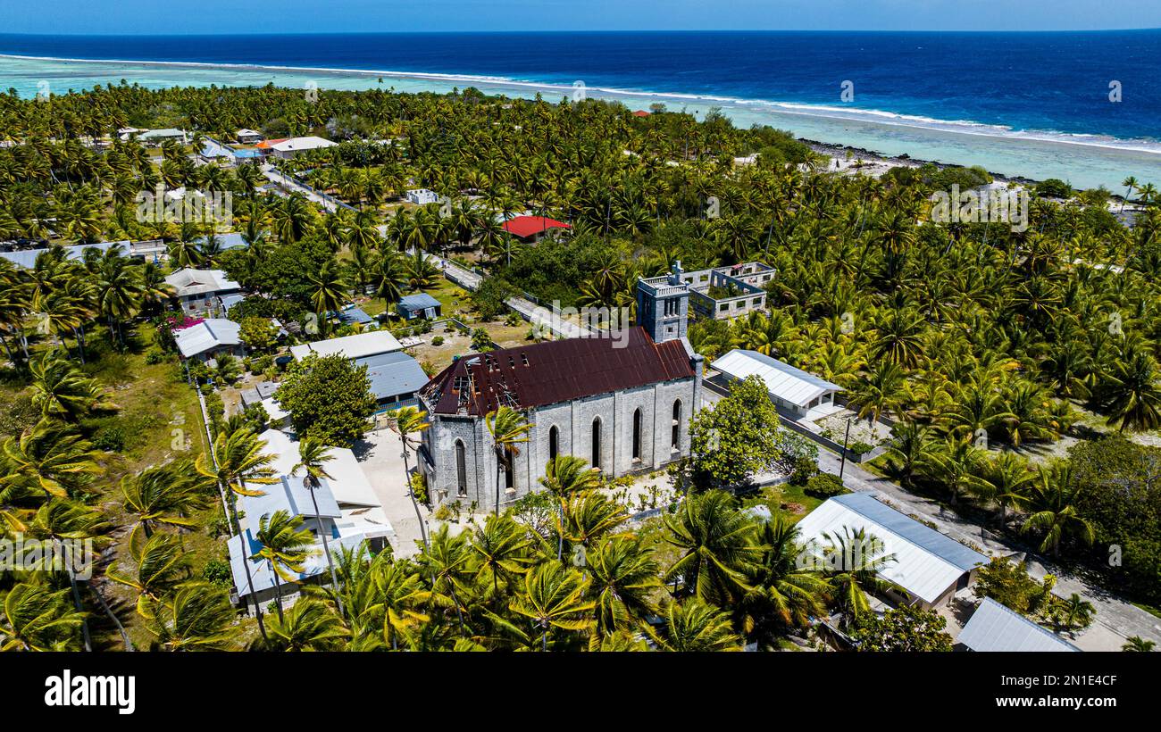 Antenne de la vieille église de Saint Michel, Hikueru, archipel de Tuamotu, Polynésie française, Pacifique Sud, Pacifique Banque D'Images