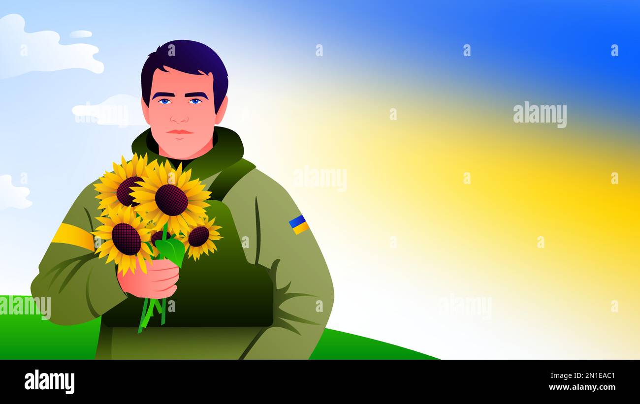 Soldat ukrainien avec un bouquet de tournesols. La victoire de l'Ukraine. Illustration vectorielle Illustration de Vecteur