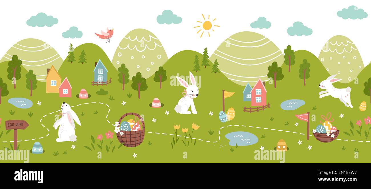 Motif de chasse aux œufs de Pâques mignon, carte pour les enfants, dessiné à la main avec des lapins mignons, des œufs et des décorations - idéal pour les invitations, bannières, fonds d'écran - vecto Illustration de Vecteur