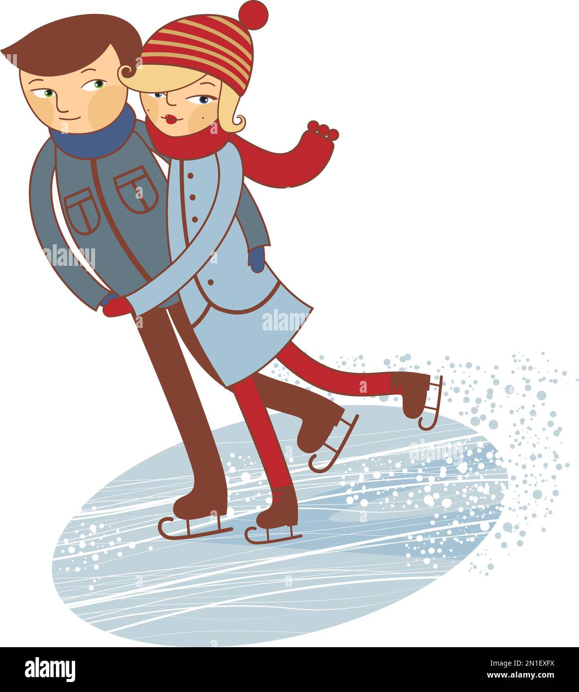 Couples heureux patinant sur la patinoire. Illustration de dessins animés à écran plat vectoriels d'activités de plein air hivernales. Vacances saisonnières Illustration de Vecteur