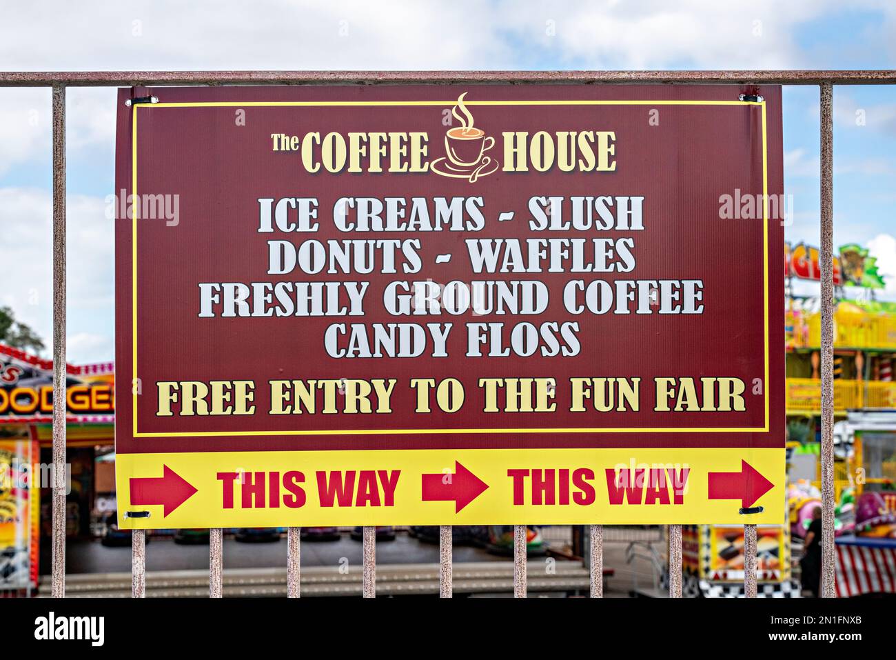 Publicité de Coffee House à Fun Fair, Morecambe, Royaume-Uni Banque D'Images